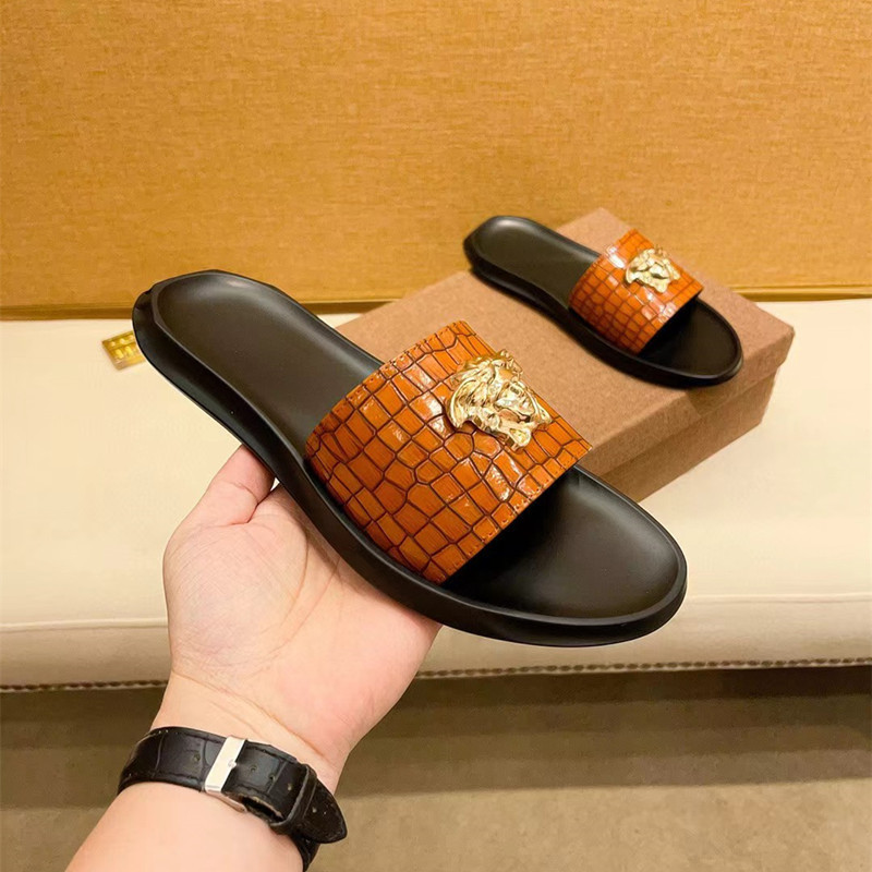 Cambodia Phnom Penh Vietnam Men's Slippers 2025 Summer New Trendy Genuine Leather Crocodile Pattern Medusa Head Design Slide Sandals