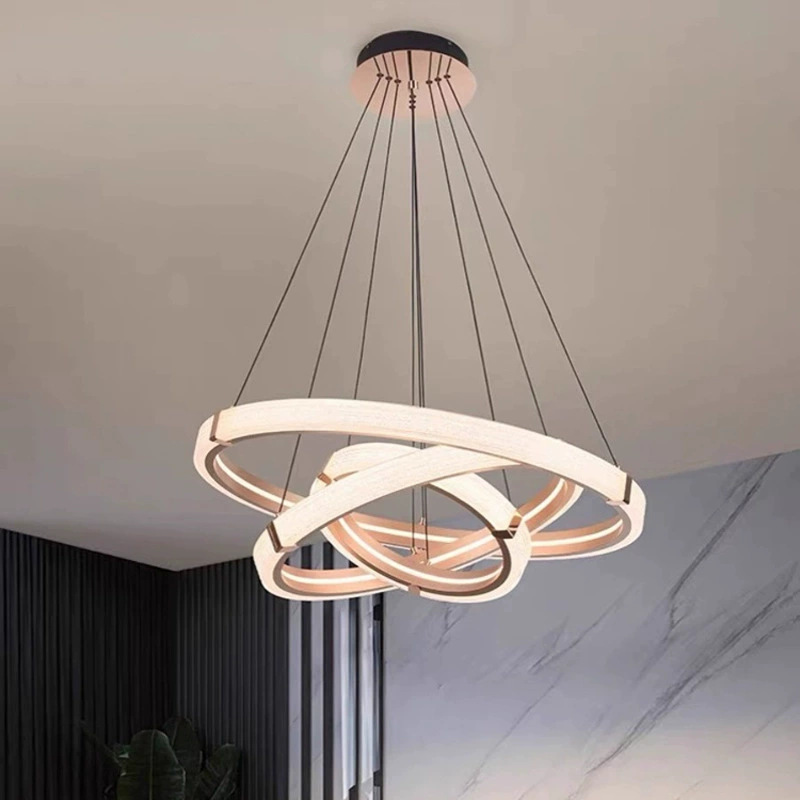 Círculo moderno de lámparas luminosas en la sala de estar, iluminación italiana, comedor, dormitorio simple, lujoso, atmósfera nórdica.