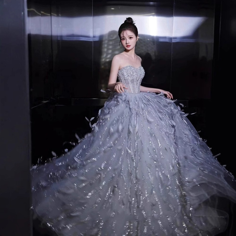 Princess on the Run Ball Gown Super Fairy-Like Feather Elegant Autumn and Winter Piano Vocal Performance Dress