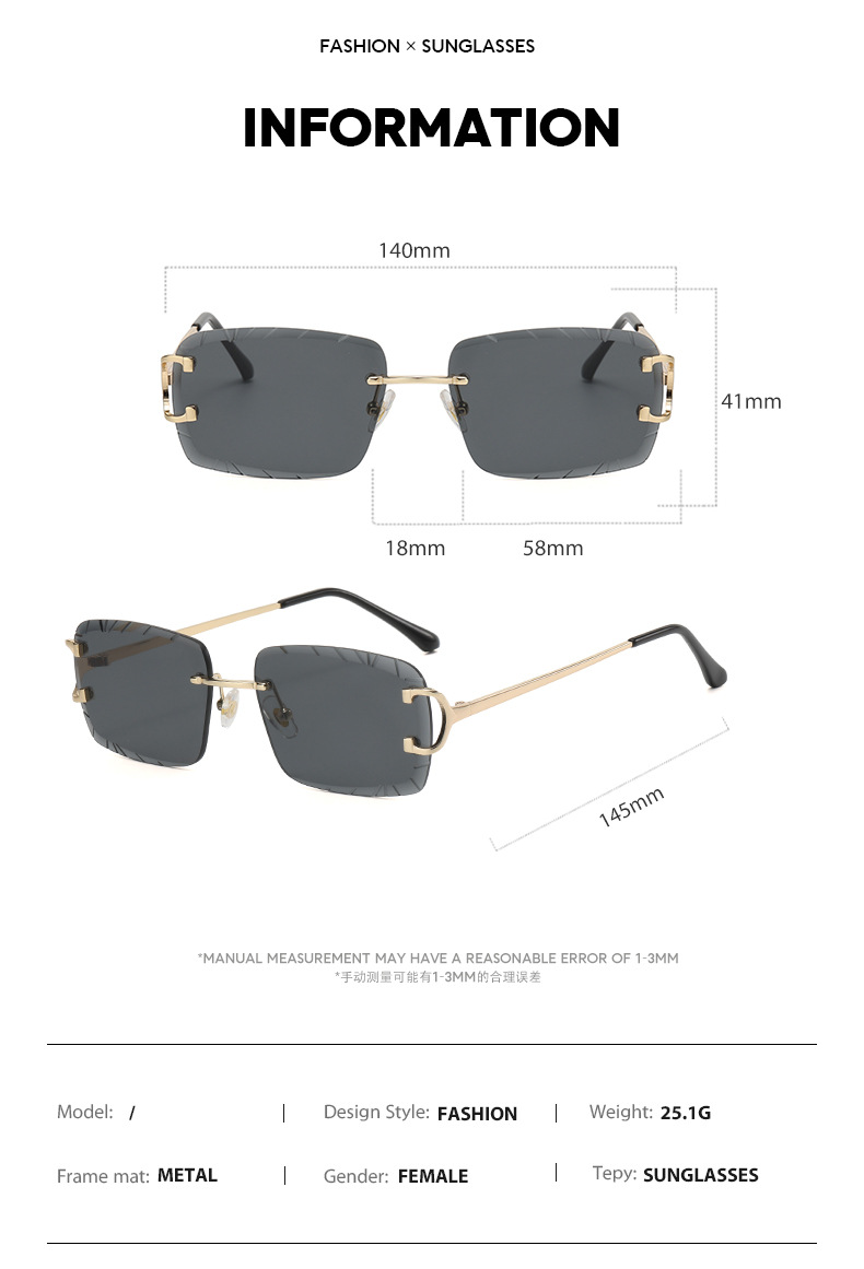 55g Weight Streetwear Solid Color PC UV400 Protection Square Frameless Women's Sunglasses