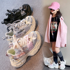 2025新款走秀款老爹鞋女童炸街潮流复古厚底蕾丝蝴蝶结网面运动鞋