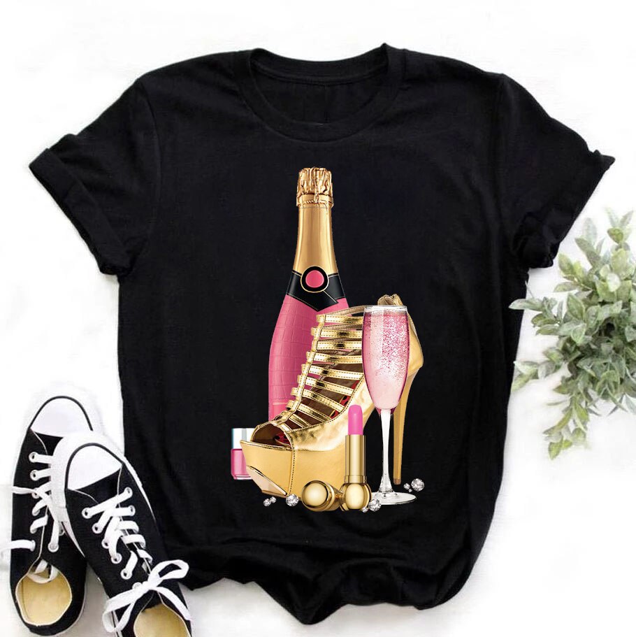 香槟色高跟鞋图案印花女式上衣夏季休闲女士T恤女孩子的T恤