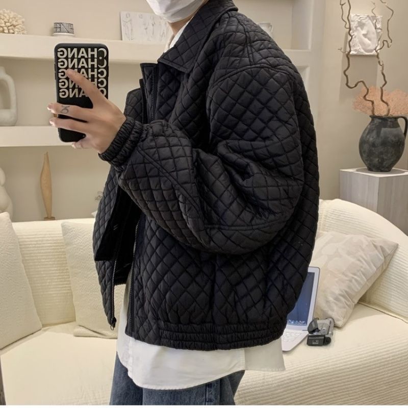 겨울 새로운 도착 마름모 한국 스타일 면화 패딩 의류 남성 유행 짧은 루즈 옷깃 캐주얼 코튼 패딩 코트 두꺼운 재킷
