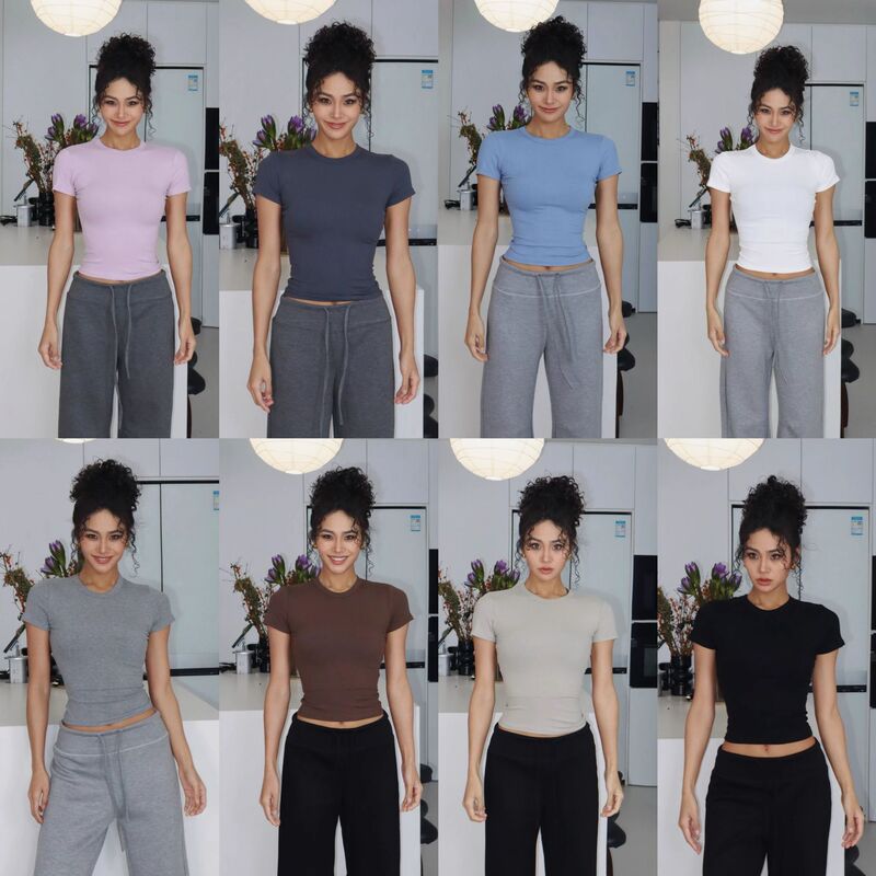 European and American Short-sleeved T-shirt Women's Shoulder Yoga Slim-fit Sports Leisure Slim-fit Pilates Plus Long Top 1780 European and American Short-sleeved T-shirt Women's Shoulder Yoga Slim-fit Sports Leisure Slim-fit Pilates Plus Long Top 1780