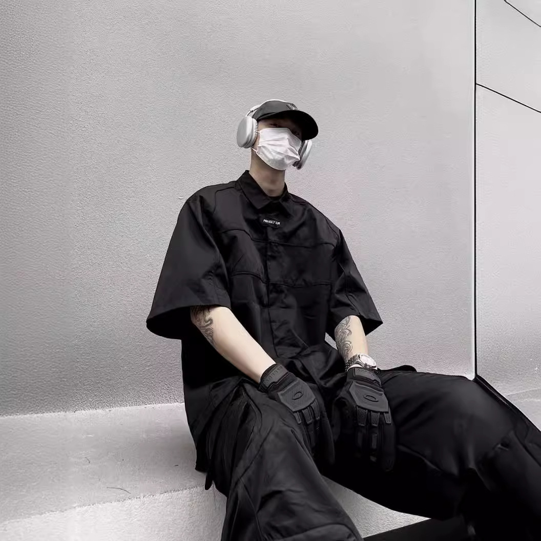 Deng Wei same GRAILZ summer functional style half sleeve shirt men's niche design detachable shoulder pad short sleeve shirt