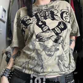 2025跨境新款女T恤欧美时尚复古风雕像字母印花女装短袖