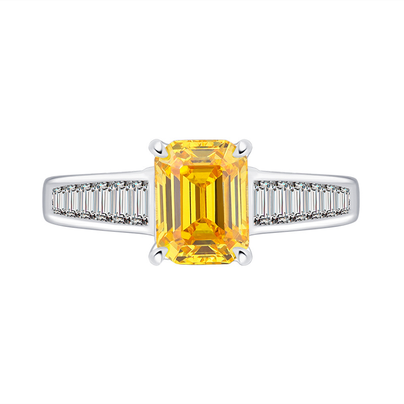 Zhuang Sheng joyería S925 todo el cuerpo de plata de la venta caliente de simulación de color tesoro amarillo diamante blanco cuentas de diamantes cuadrados con incrustaciones anillo de piedra principal 6*8