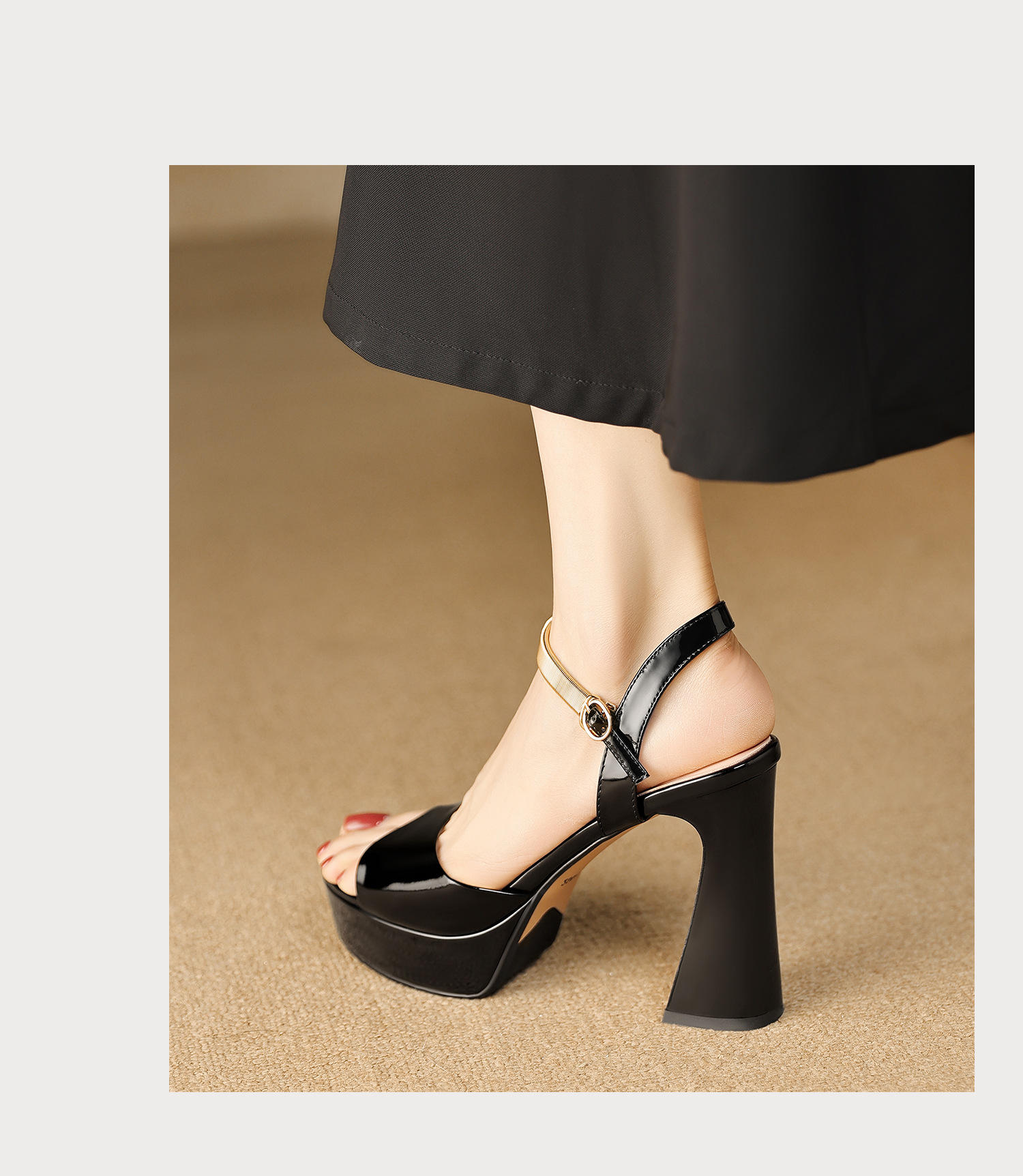 Sandal peep toe nữ quai ngang gót vuông platform đế cao 9 cm — màu đen, màu trắng ngà chi tiết 16