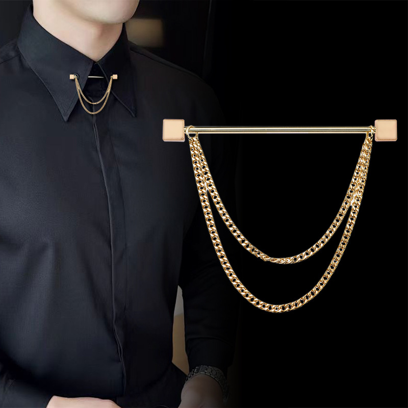 法式衬衫领双链条流苏方形拖领花男士正装饰品金属领角针法式领针