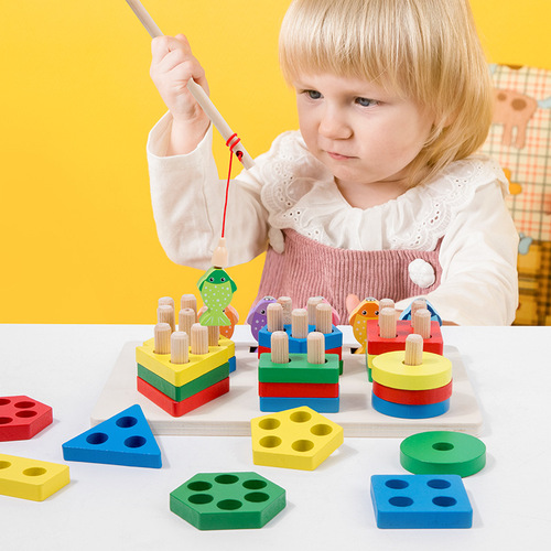儿童木质立体钓鱼几何形状套柱二合一蒙氏形状认知配对益智玩具
