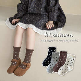 春秋冬季纯色爱心波点精梳棉透气儿童袜子宝宝中筒袜花边女童棉袜