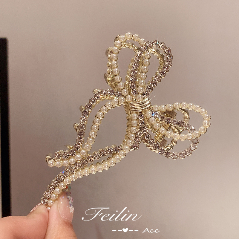 春季頭飾新款甜美髮夾大號幾何髮飾後腦勺鯊魚夾雙蝴蝶結珍珠抓夾