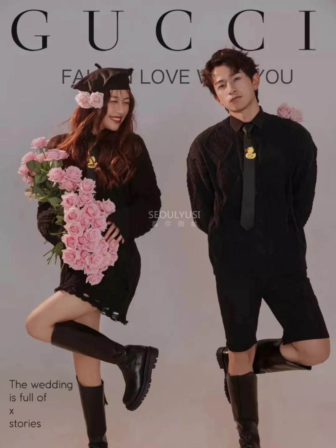 (2개) 새로운 사진 스튜디오 커플 테마 사진 촬영 의류 여성 가을, 겨울 검은 스웨터 패션 잡지 스타일 사진 드레스