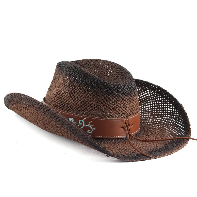 Venta directa de fábrica de paja de papel sombrero de punto a mano transpirable hueco ala curva Denim sombrero de paja bordado accesorios al aire libre sombrero de jazz Retro