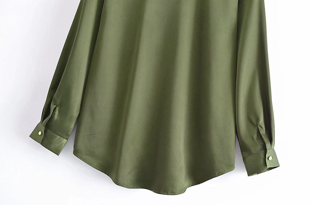 Lapel Long Sleeve Pocket Decorated Silk Satin Shirt NSAM115619