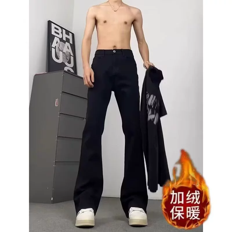 Джинсы-буткат с флисовой подкладкой в американском стиле для высоких мужчин, брюки, увеличивающие рост, универсальные прямые брюки для пар в уличном стиле