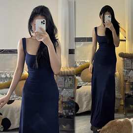 新款藏青色方领纯欲辣妹吊带显白高个子长裙无袖背心连衣裙女黑色