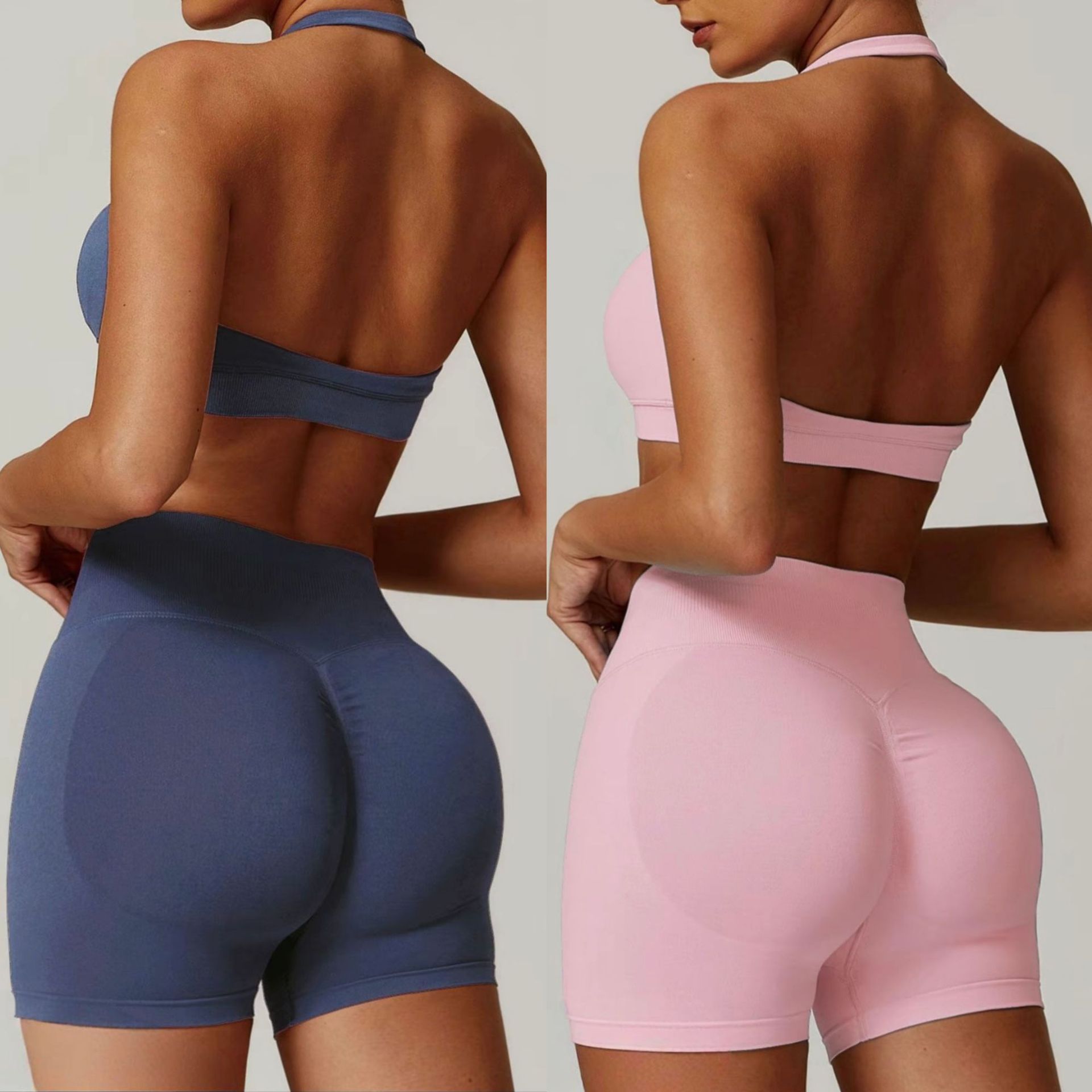 Conjunto de yoga con cuello halter para mujer, conjunto de yoga de cintura alta, pantalones cortos deportivos ajustados y versátiles.