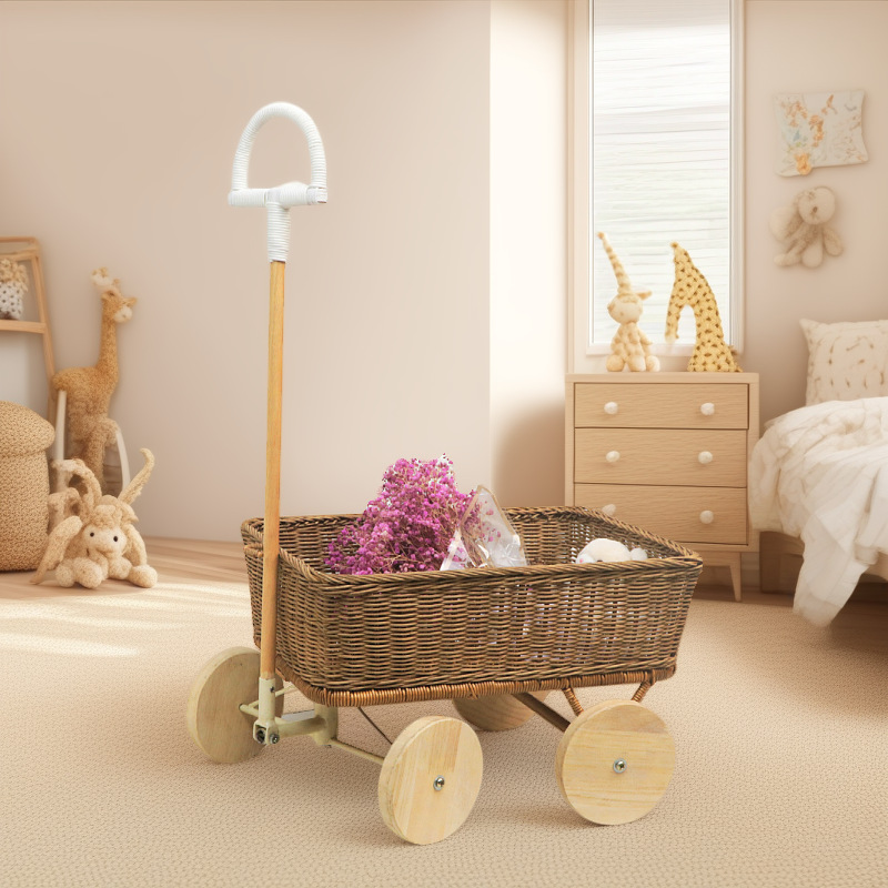 Cesto de juguetes nórdicos para niños Cesto de juguetes de peluche de caña natural Cesto de almacenamiento de juguetes de palanca de tracción para niños al aire libre Cesto pequeño