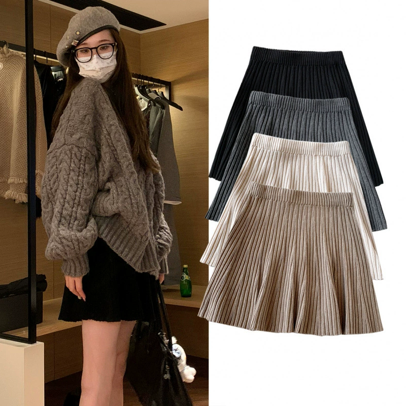 2024 осень-зима новый стиль для беременных вязаные юбки плиссированные юбки темперамент тонкая юбка-зонтик шерстяная юбка-юбка