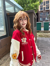 美式高街红色刺绣棒球服外套女春秋宽松潮牌感情侣装夹克上衣