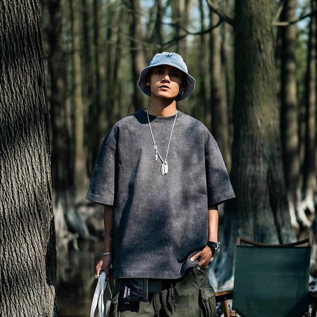 欧美跨境230g重磅水洗做旧短袖T恤男百搭纯色宽松圆领潮牌上衣ins