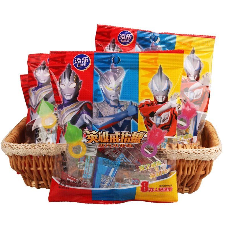 Tianle Cartoon King 45 г Ultraman Hero Ring Sugar Смешанные фруктовые жевательные конфеты с фруктовым вкусом Детская закуска Полная коробка