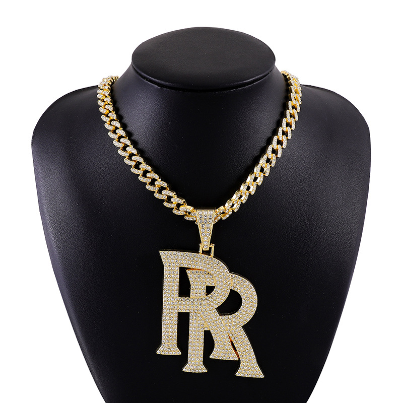 Hip Hop Large Double R Letter Exaggerated Alloy Pendant Gold Cuban Necklace For Men_voghion.com