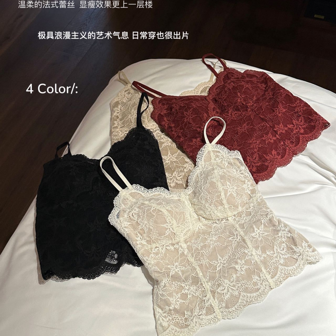 秋冬磨毛保暖法式蕾丝深V领设计感吊带背心女带胸垫舒适显瘦文胸