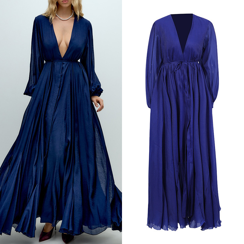 French-Style Sexy Ball Gown Elegant Dress with a Large Hem, Long Skirt, 2026 Summer New Deep V-Neck Solid Color Pleated Dress French-Style Sexy Ball Gown Elegant Dress with a Large Hem, Long Skirt, 2026 Summer New Deep V-Neck Solid Color Pleated Dress