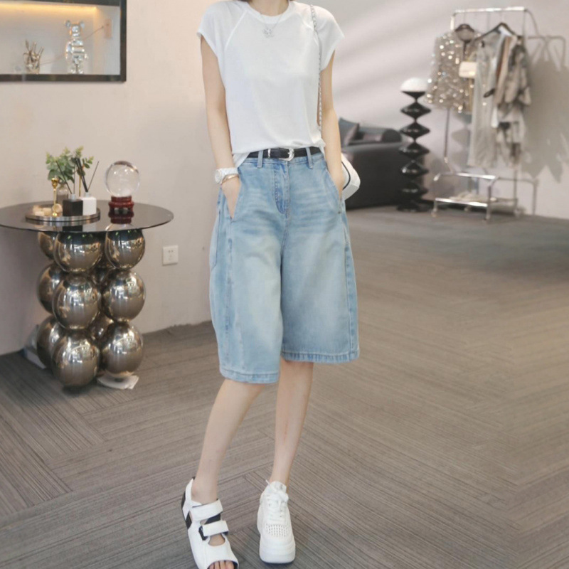 2025 New Summer Thin High-Waisted Straight Denim Shorts for Women Plus Size Floral Cargo Shorts Loose Wide-Leg Shorts