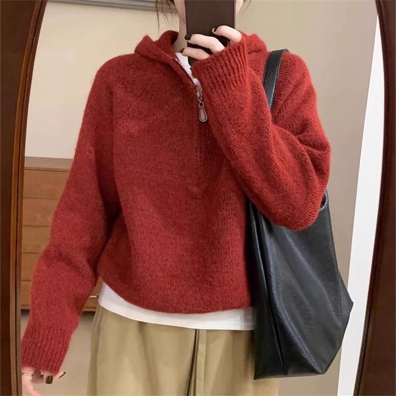 设计感半拉链套头连帽毛衣女秋冬新款韩系宽松纯色软糯气质针织衫|undefined