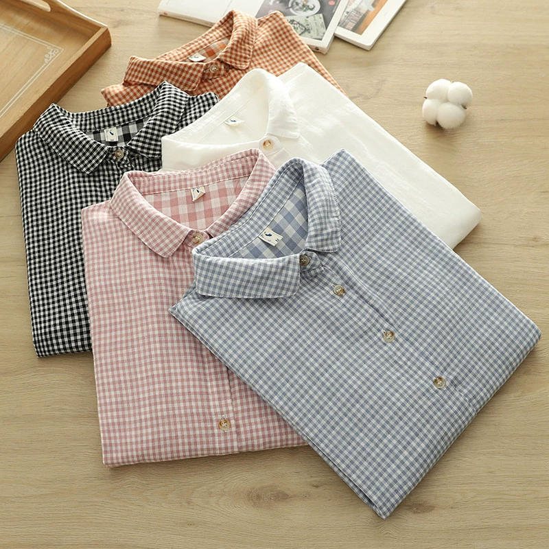 2025 Новый стиль клетчатая хлопчатобумажная пряжа женский кардиган с длинными рукавами блузка топ оптовая волна