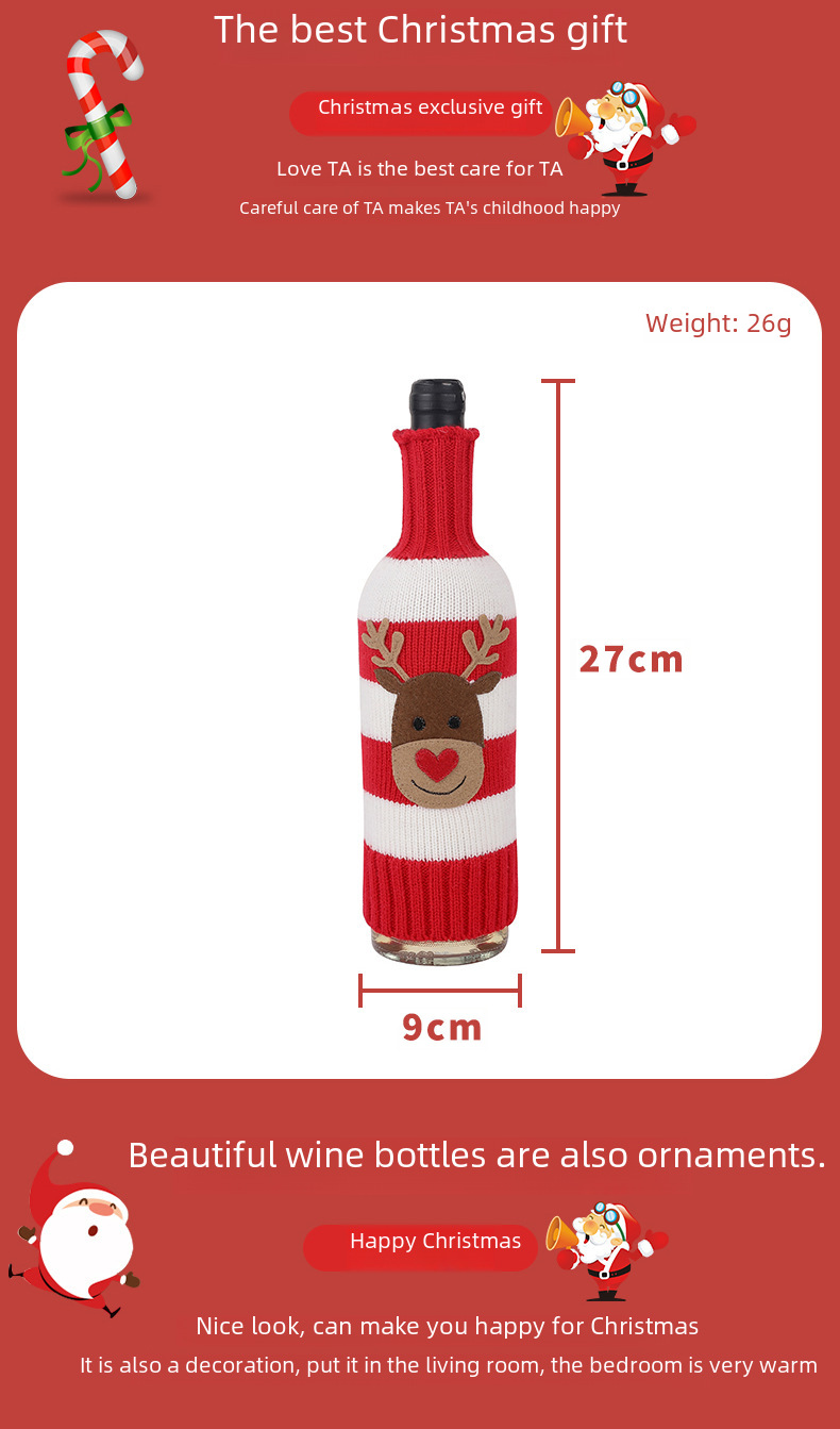 Neu Weihnachtsschmuck Wolle Acryl Gestrickte Gestreifte Weinflasche Set Elch Schneemann Wein Champagner Flasche_voghion.com