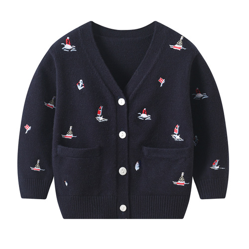 Children's Cross-border New Autumn/Winter V-neck Knitted Sweater with Sail Embroidery, Korean Style Outerwear Sweater