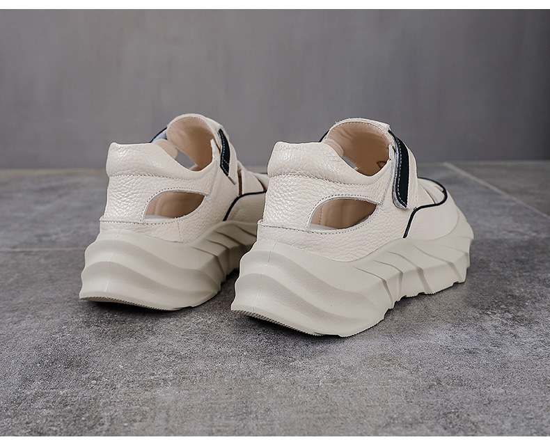Sandal nữ da bò đế dày thoáng khí tăng chiều cao — Màu đen chi tiết 12