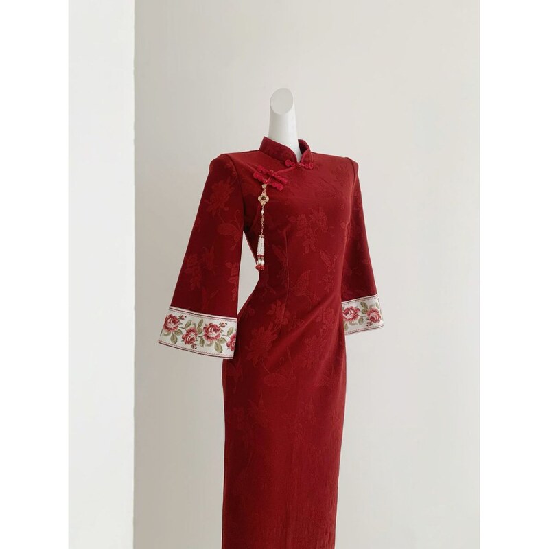 [Scarlet Legacy] Homemade Chinese Red Engagement Embroidered Cheongsam Red Wall High-End Waist-Revealing Dress