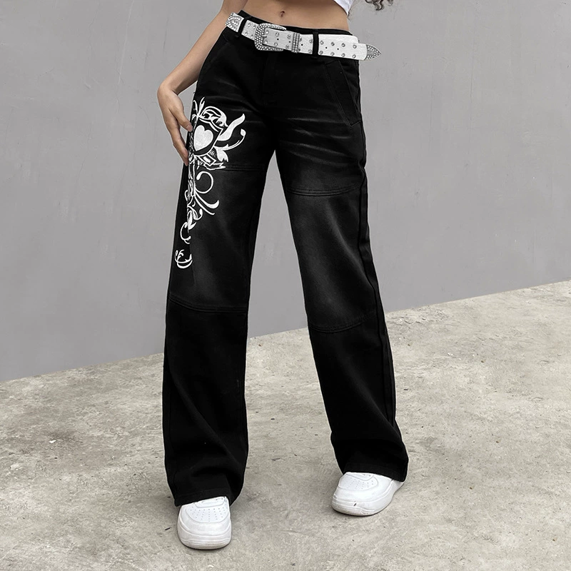 leather pants WeiYao Vintage Print Y2K Low Waist Denim Jeans Aesthetic 90s Grunge Trousers Women Retro Straight Sweatpants Harajuku Outfits zara jeans