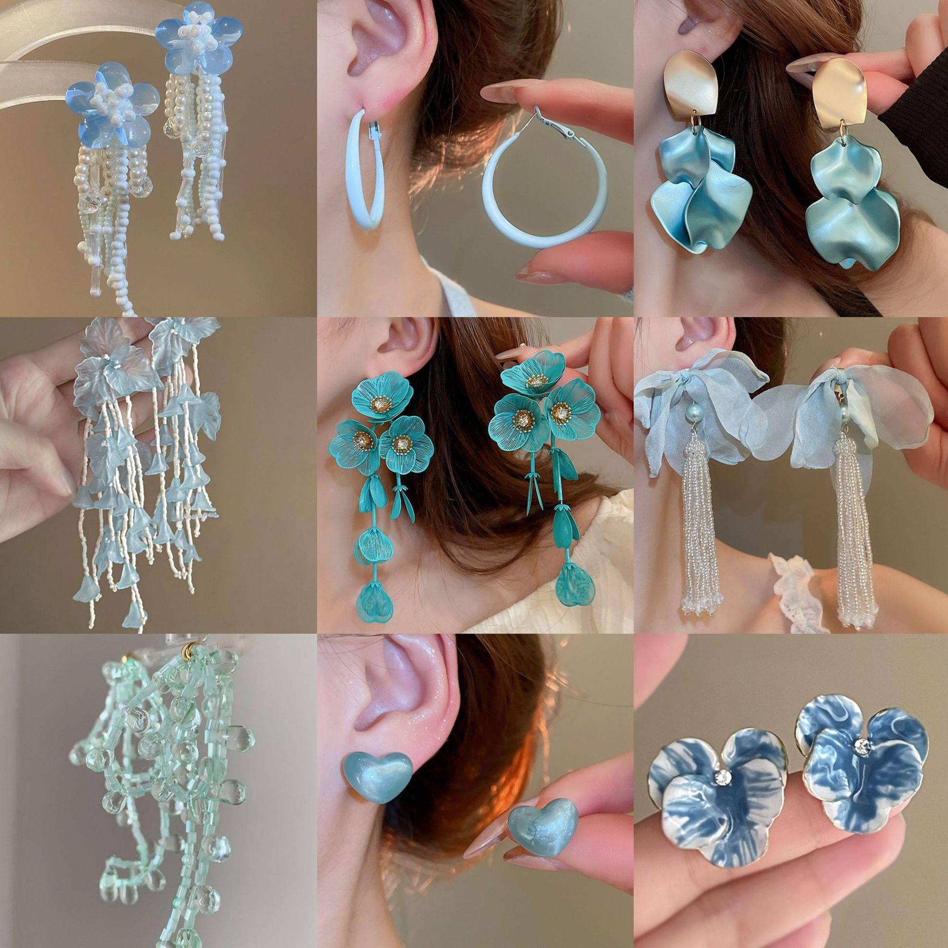 Pendientes de borla de flores de tul de aguja de plata Pendientes de súper hada verde menta fresca Pendientes de diseño exagerado de nicho