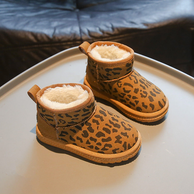 Children's leopard print snow with thick fleece and warm soft sole, medium to children's winter boys' large shoes,_voghion.com