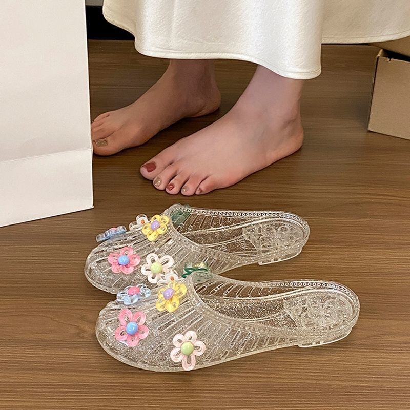Crystal Heel-Covering Trendy Slippers with Breathable Closed-Toe Design, Summer New Flat-Soled Versatile Hollow-Out Anti-Slip Anti-Odor Bathroom Sandals