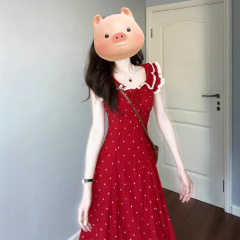 法式红色小飞袖波点连衣裙子女装夏季2025新款海边度假高级感长裙