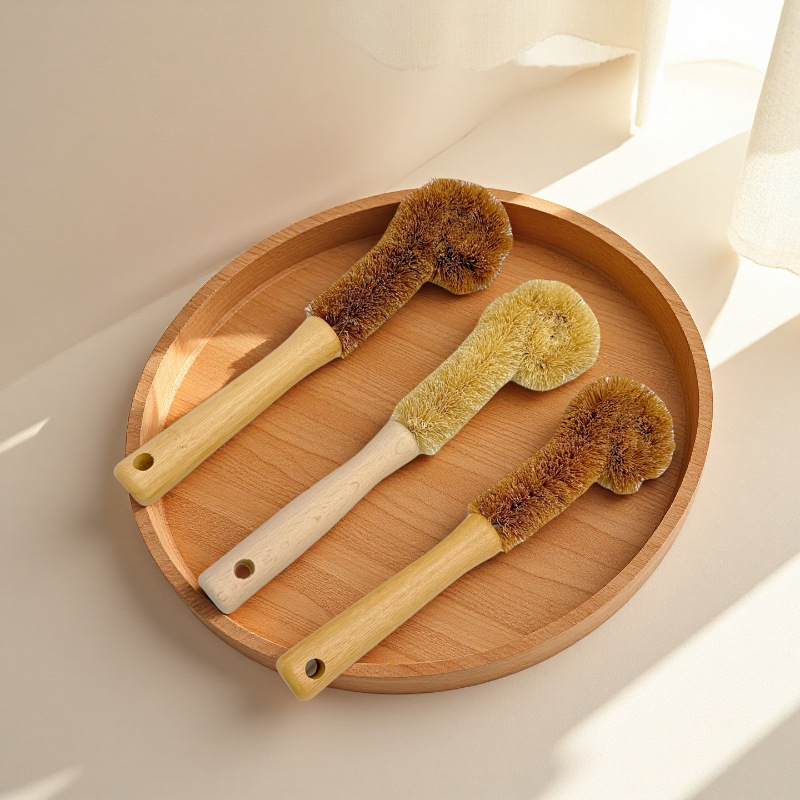Cepillo de limpieza diaria para cocina con mango de madera, cepillo para vasos de coco, herramienta de limpieza de vidrio con mango largo para uso doméstico.