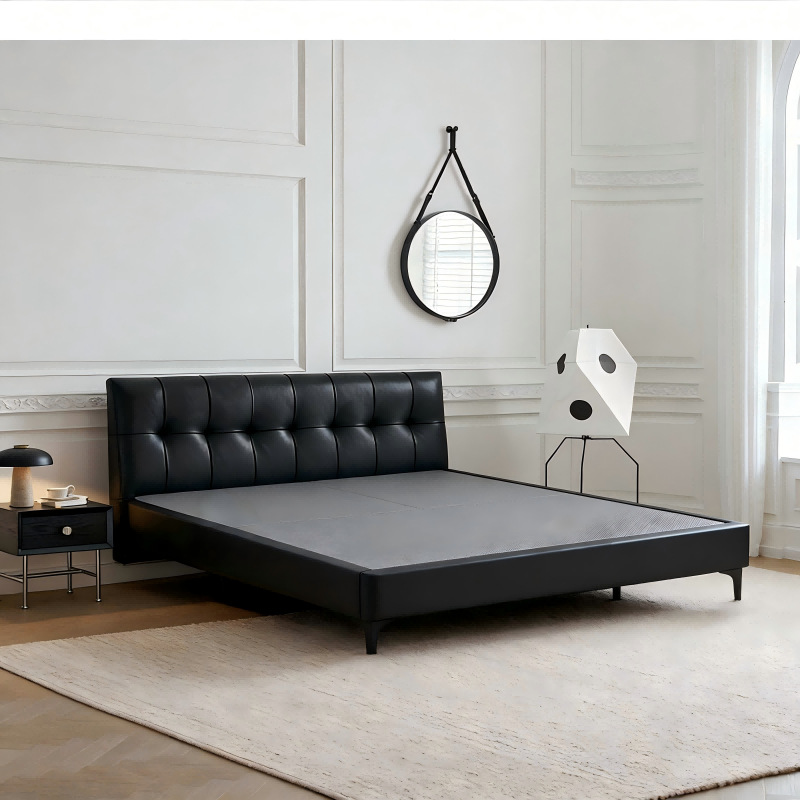 Cama de cuero cuadrada negra, cama flotante de estilo antiguo, cama doble de estilo retro. image 3