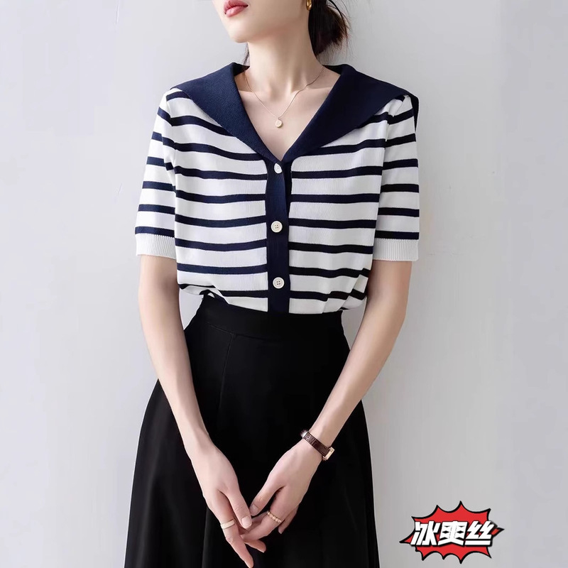 Summer New French Style Fragrant Style Navy Striped Knitted Cardigan Sweet College Style Commuter All-Match Short-Sleeved Top