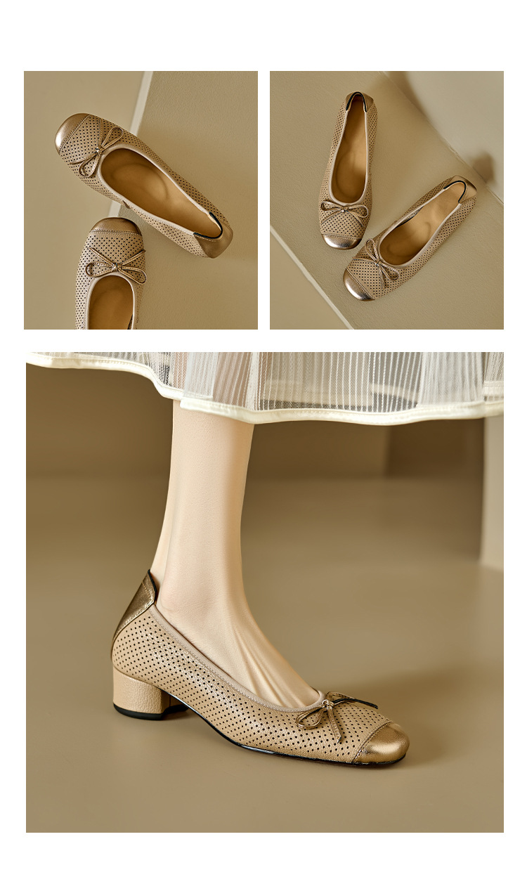 Sandal nữ da cừu miệng nông đục lỗ gót thô thấp phong cách Xiaoxiangfeng — Màu nâu chi tiết 9