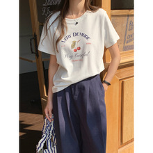 【欧凡】软糯磨毛字母印花宽松短袖T恤女2025早春款打底上衣