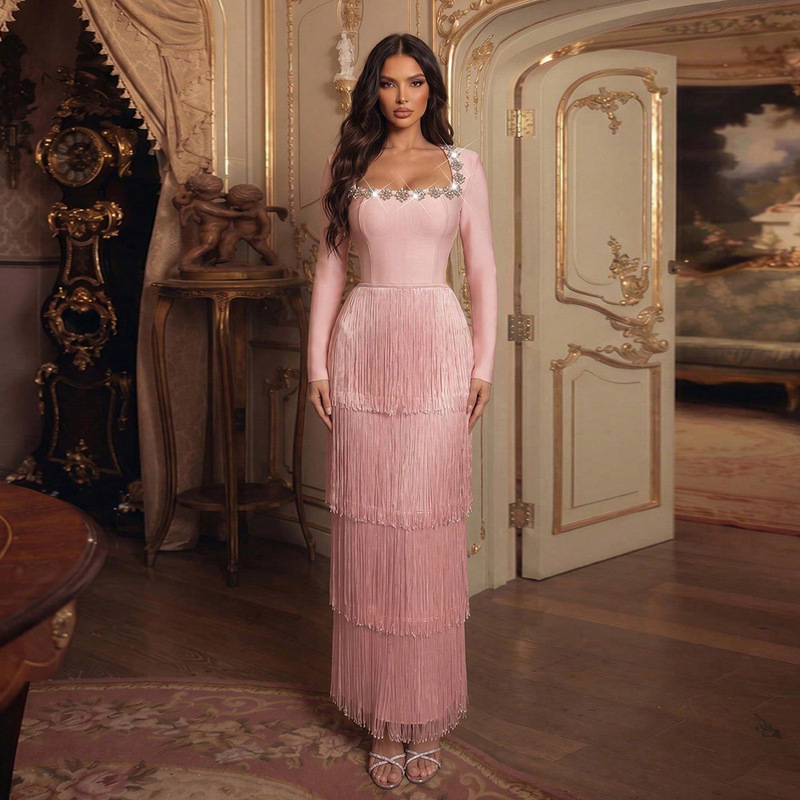 European and American Style Tassel-Studded Sexy Long-Sleeve Bodycon Dress, Elegant Bandage Dress for Ladies, Evening Gown European and American Style Tassel-Studded Sexy Long-Sleeve Bodycon Dress, Elegant Bandage Dress for Ladies, Evening Gown