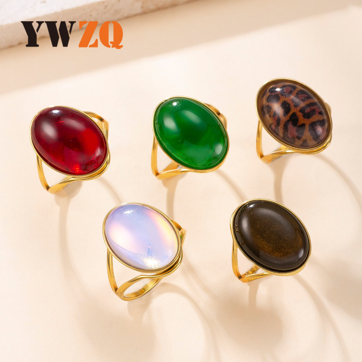 European and American Cross-Border Titanium Steel Ring Hydraulic Oval Natural Stone Ring Light Luxury Palace Style Index Finger Ring Stainless Steel Jewelry