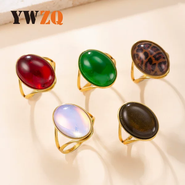 European and American Cross-Border Titanium Steel Ring Hydraulic Oval Natural Stone Ring Light Luxury Palace Style Index Finger Ring Stainless Steel Jewelry